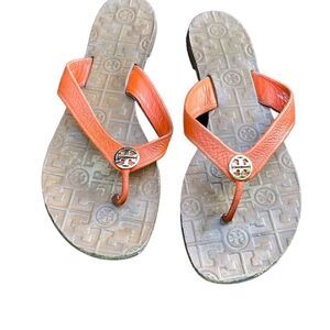 Tory Burch Thora Orange Leather Flip Flop Sandals Womens Size 11